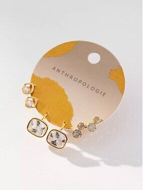 NWT Anthropologie Crystal 14K Gold Plated Earrings Set of 3 Pairs OS